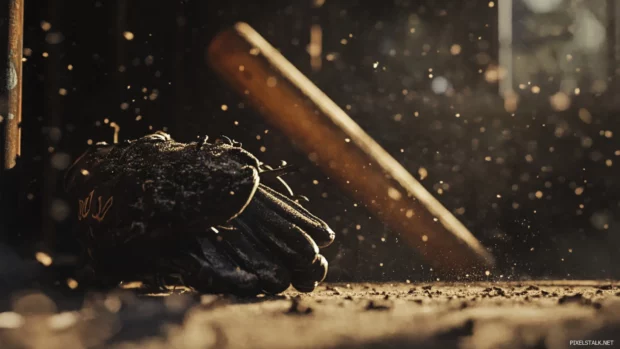 Bat and glove lying in the dugout with dust particles floating.