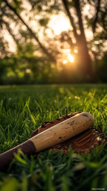 Bat and glove resting on grass with sunset haze.