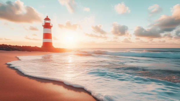 Beach lighthouse scene at sunrise with soft waves along the shoreline.