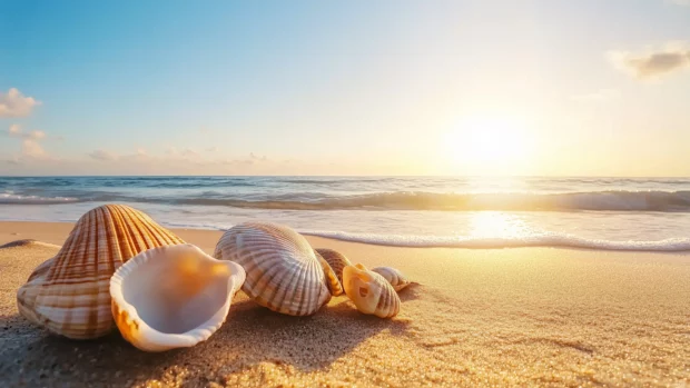 Beach sunrise with driftwood and seashells on shore.