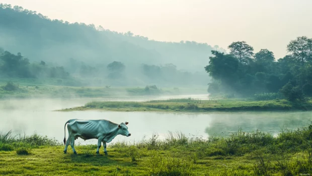 Beautiful cow grazing in a misty green valley.