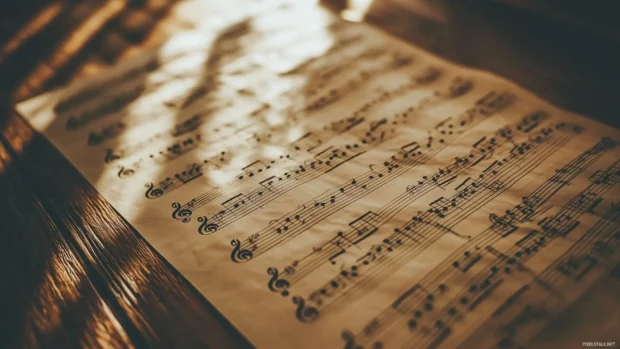 Beautifully handwritten sheet music close up shot spread across rustic wooden table delicate shadows and warm light illuminating notes and lyrics.