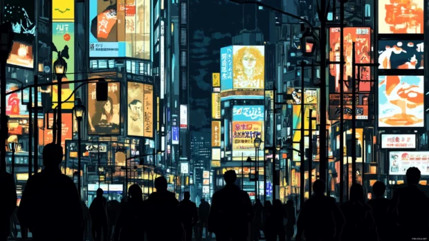 Billboards and glass towers define the silhouette of the night city.
