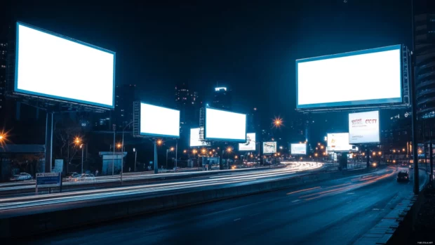 Billboards shining bright in the heart of the Nighttime City.