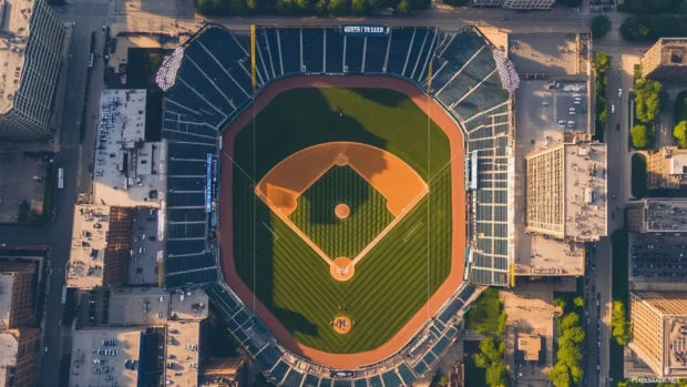 Birds eye view of baseball field layout before a major match.