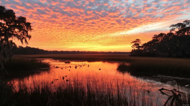 Birds greet the dawn as the sunrise paints the sky with hues of gold and coral.