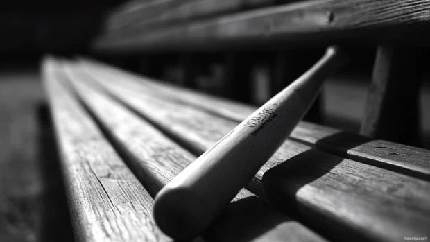 Black and white baseball bat resting on bleachers rendered in Black and white baseball stadium wallpaper.
