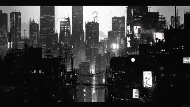 Black and white city wallpaper with contrasting shadows and bright neon signs.