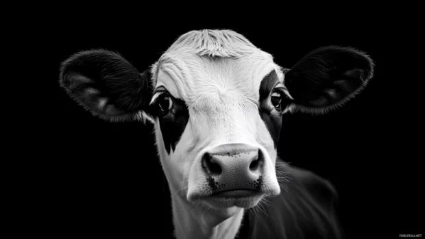 Black and white cow wallpaper featuring close up of a curious cow looking at the camera.