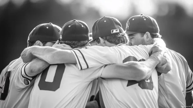 Black and white image of baseball players huddled together.