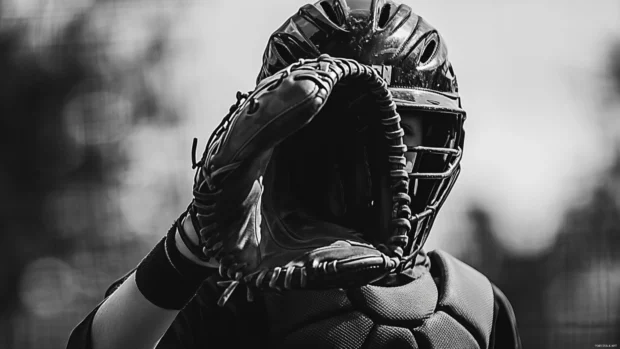 Black and white photo of a young player in full uniform, Black and white baseball glove wallpaper.