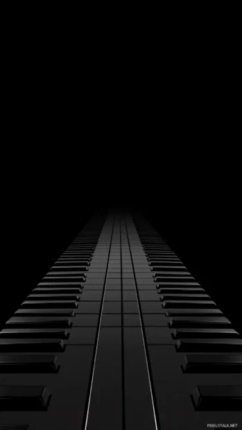 Black and white piano keys fading into the distance with visual depth inspired by Black and white music wallpaper iPhone.