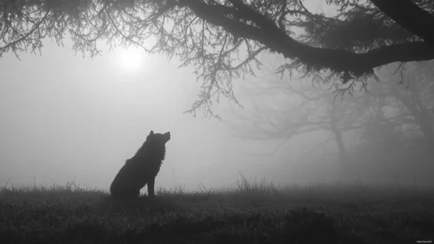 Black and white wolf wallpaper minimalist featuring a howling wolf under a faded tree branch in fog.