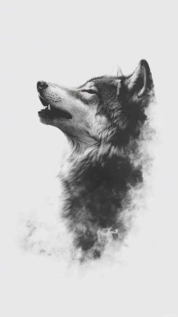 Black and white wolf wallpaper minimalist showing a calm wolf in ink surrounded by white void.