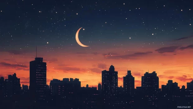 Black city rooftops silhouetted under a crescent moon.