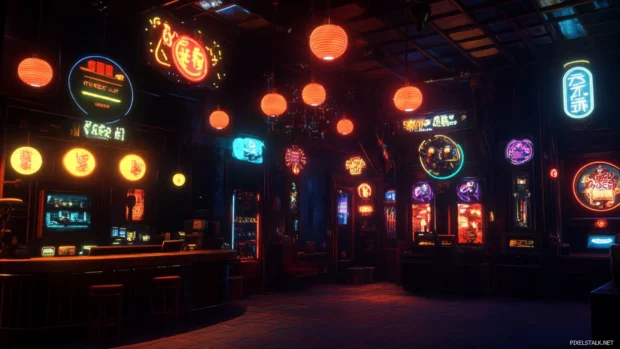 Black city wallpaper lit by flickering lanterns and modern neon signage.