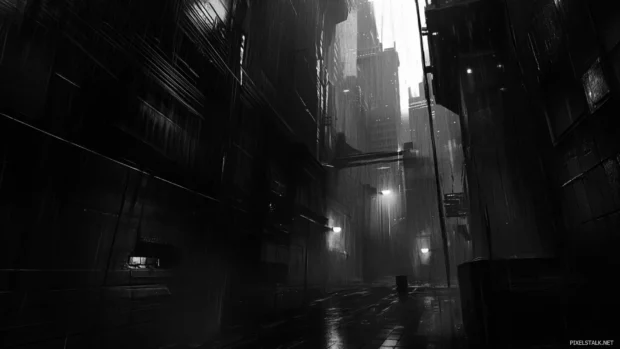 Black city wallpaper showcasing empty alleyways and soft ambient light.