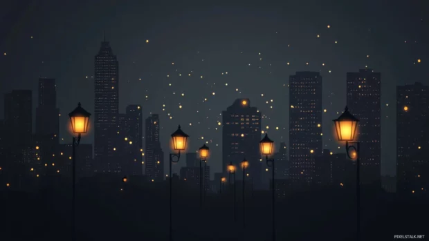 Black city wallpaper with minimalist architecture and scattered street lamps.