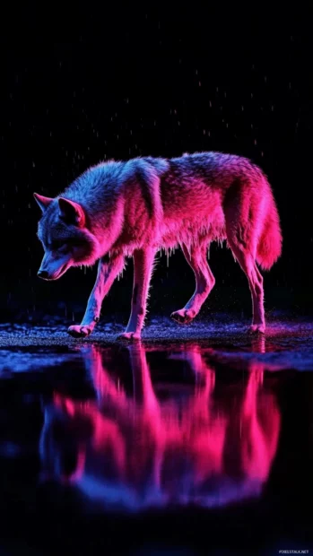 Black wolf iPhone wallpaper featuring a sleek wolf walking under rain and neon reflections.
