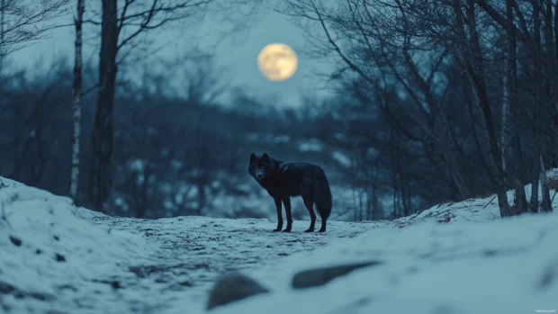 Black wolf wallpaper showing a fierce black wolf standing under a full moon in a snowy forest.