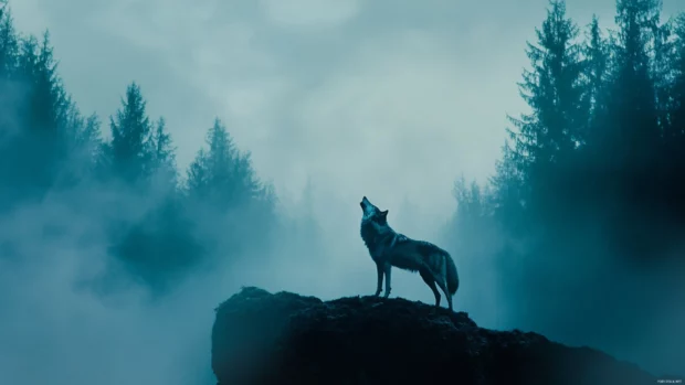 Black wolf wallpaper showing the silhouette of a howling wolf above mist covered trees.