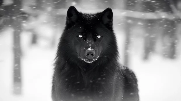 Black wolf wallpaper with intense gaze surrounded by snow and storm clouds.