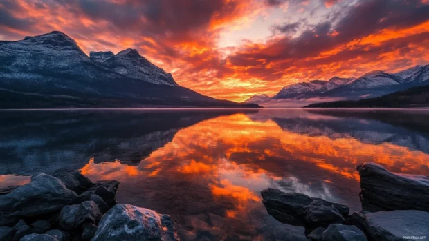 Blazing orange sky peeks above mountains in this Sunrise Wallpaper for Desktop.