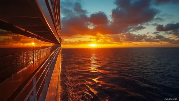 Blazing orange sunrise casting reflections across the open ocean, perfect wallpaper.