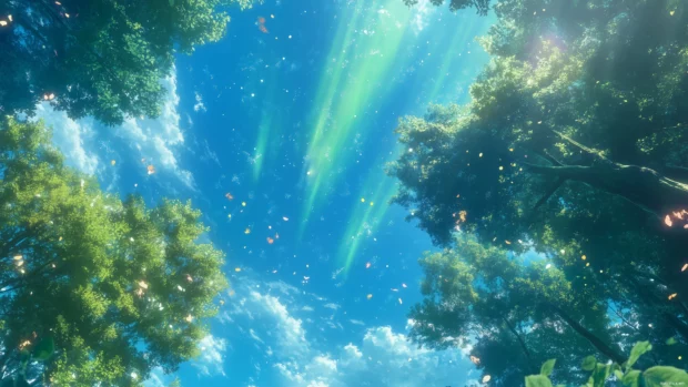 Blue and green glow in dynamic Anime sky, colorful auroras swirl over tranquil forest.
