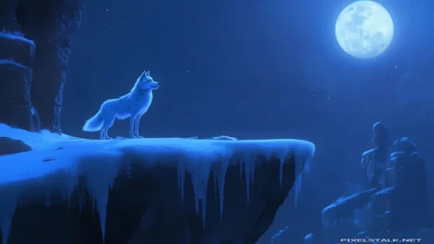 Blue furred wolf on snowy cliff at night.