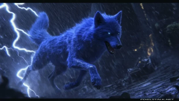 Blue ghost wolf races through lightning strikes.