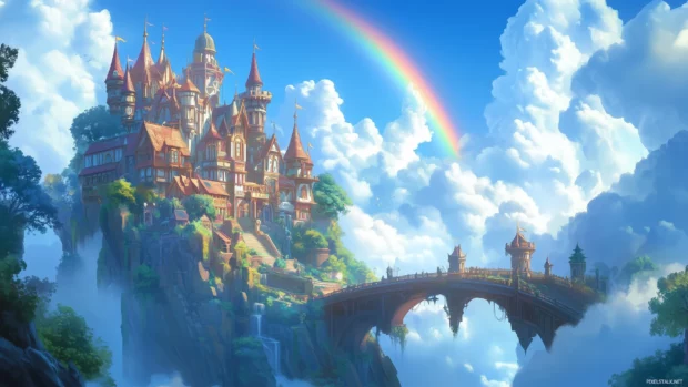 Blue sky with a rainbow arch.