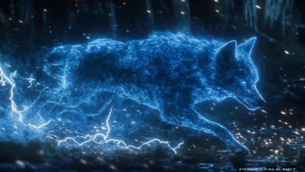 Blue spectral wolf running through storm lightning.