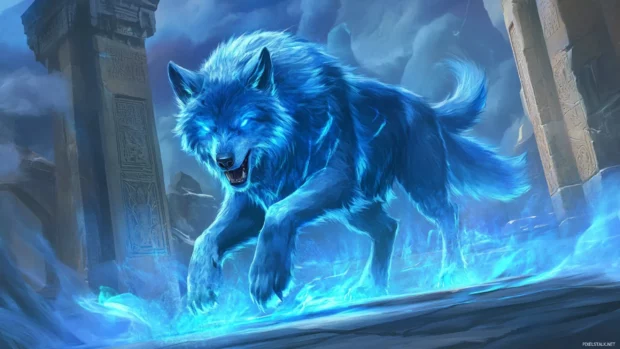 Blue wolf aesthetic with ancient cyan lit ruins.