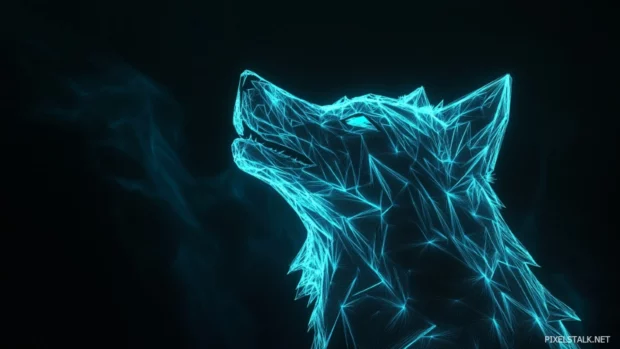 Blue wolf in cosmic space with stars and rings.