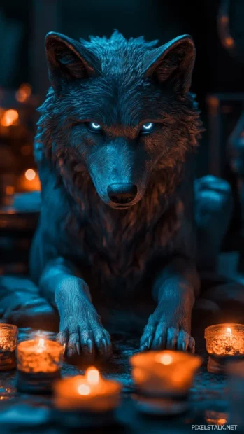 Blue wolf statue in candlelit temple corridor.