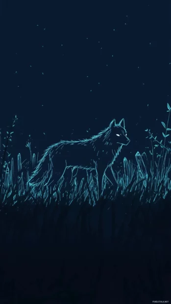 Blue wolf wallpaper featuring a digital sketch of a glowing wolf walking through a field of crystals.
