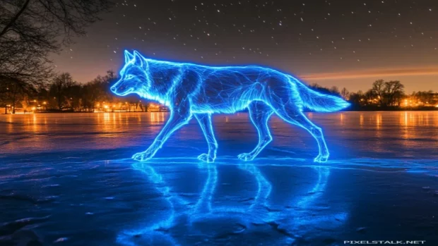 Blue wolf wallpaper with glowing wolf on frozen lake.