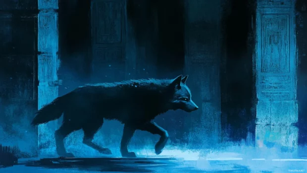 Blue wolf wallpaper with ink style ruins glowing cyan.