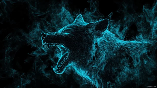 Blue wolf wallpaper with neon glow and black shadows.