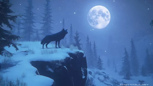 Blue wolf wallpaper with wolf on snowy cliff under full moon.