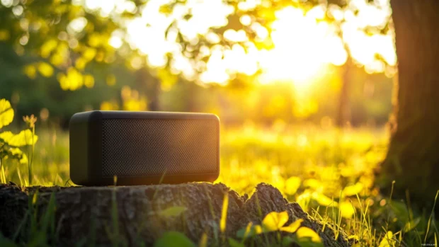 Bluetooth speaker playing music in nature with sunlight.
