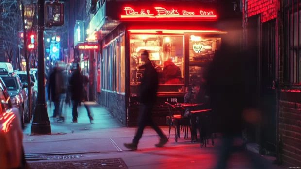 Blurred motion captures nightlife in New York City.