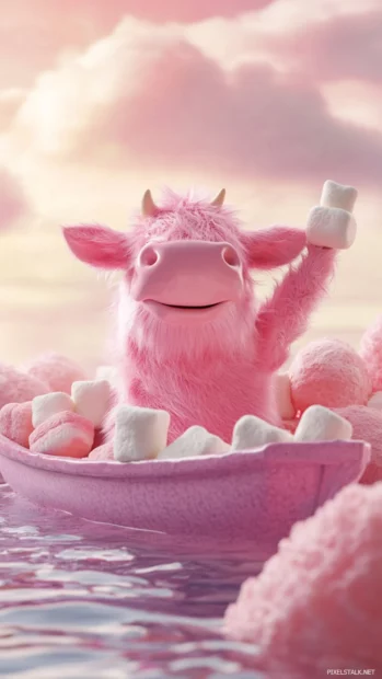 Blushing Pink Cow waving from a marshmallow boat.
