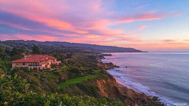 Blushing clouds over the coast at early sunrise.