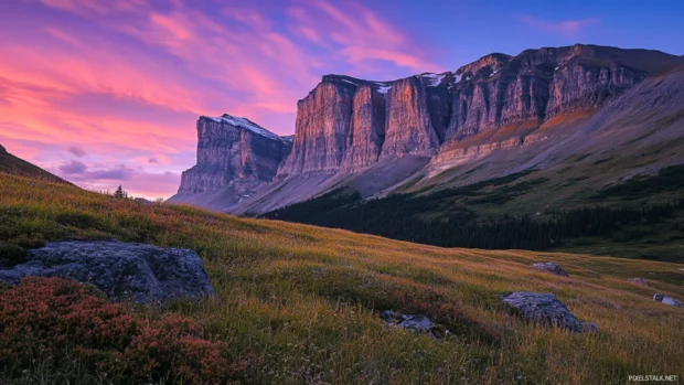 Blushing skies rise above alpine cliffs in the morning calm.