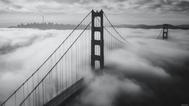 Bridges and towers merge under soft grayscale clouds.