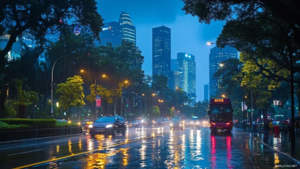 Bright city center dimmed under rain and thunderclouds.