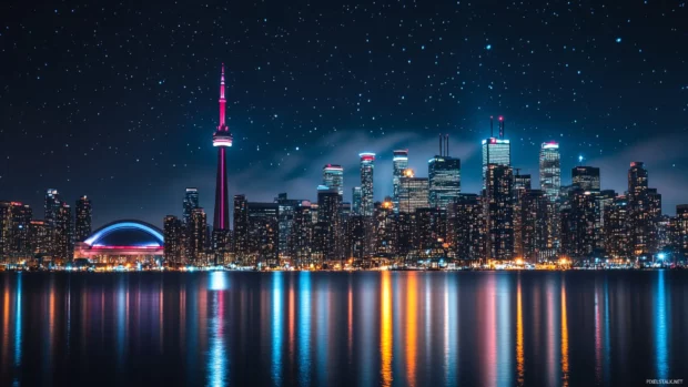 Bright city nights wallpaper for PC highlighting iconic skyline silhouettes.