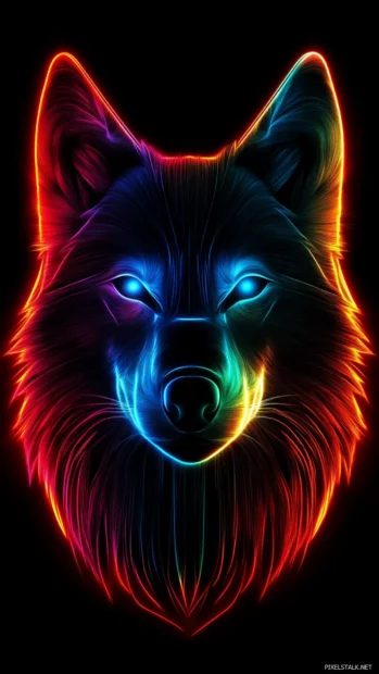 Bright geometric lines slice behind the silhouette of the neon wolf with glitch effects.